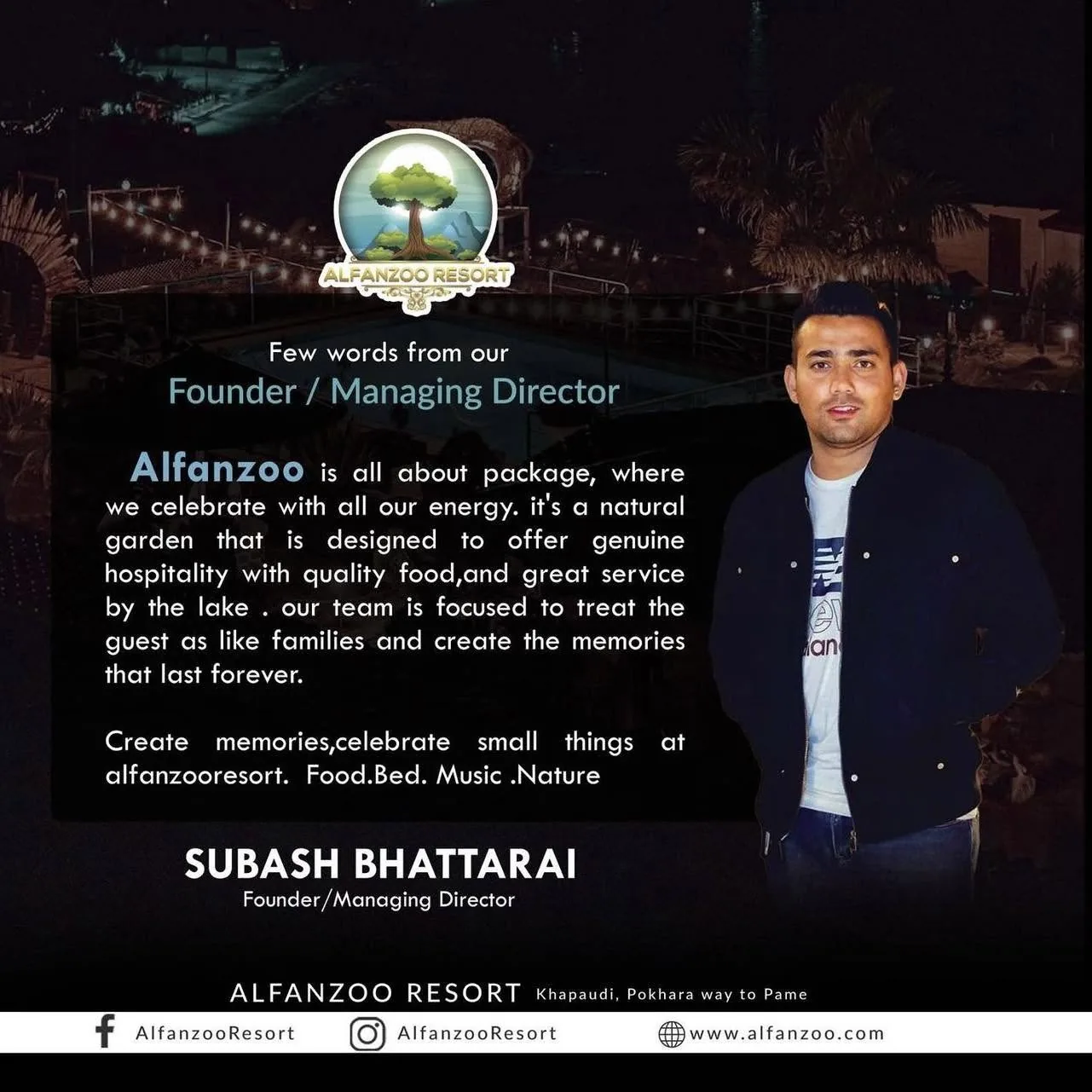 A welcome message from Alfanzoo Resort's Managing Director